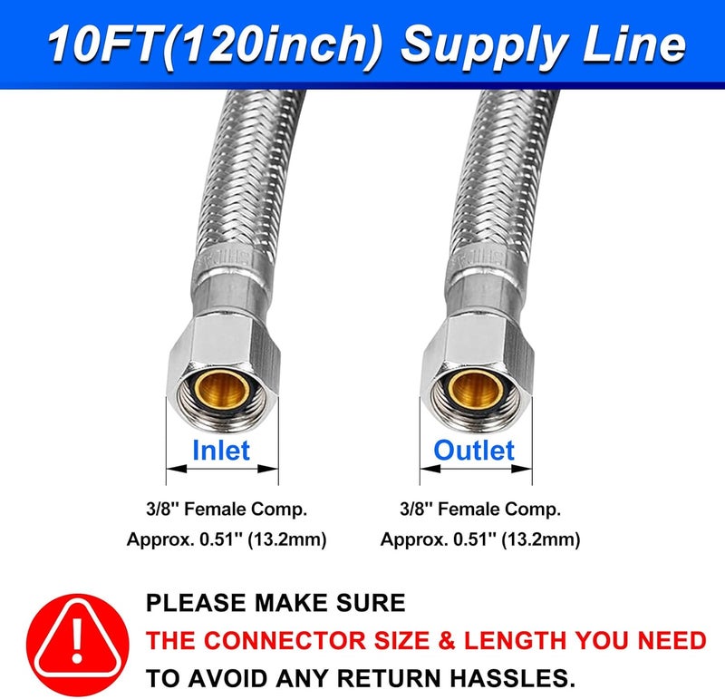 SPUREST 10FT Stainless Steel Braided Water Supply Line for Dishwasher, Brass 3/8 Inch Compression x 3/8 Inch Compression Connections, Food Grade PEX Inner Tube Water Hose - Image 4